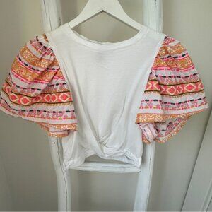 Dolan White Cropped Tee with Vibrant Stitched Poof Sleeves Size M